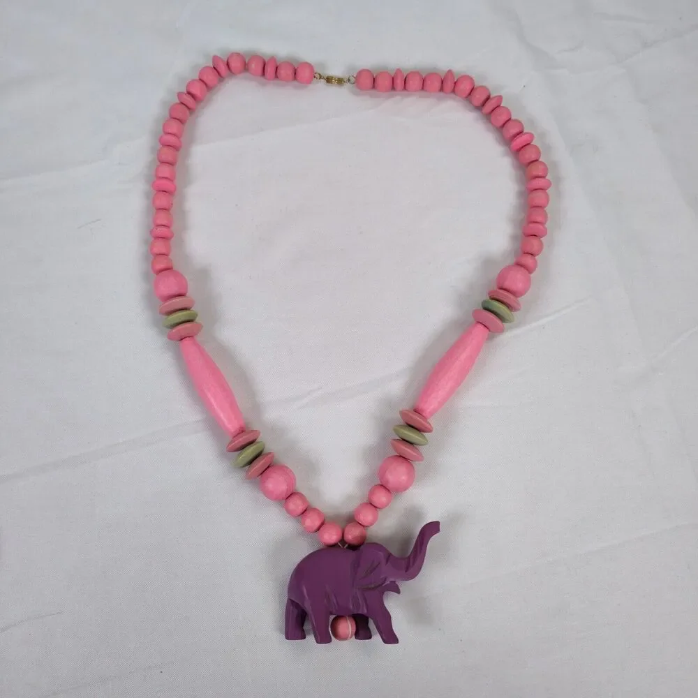 Vintage Carved Wood Chunky Necklace and Bangle 30in Purple Elephant Safari